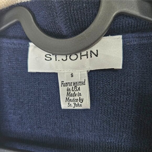 ST. JOHN Cascade Front Knit Cardigan Sz S Geometric Stripes Navy Off White - Picture 4 of 9